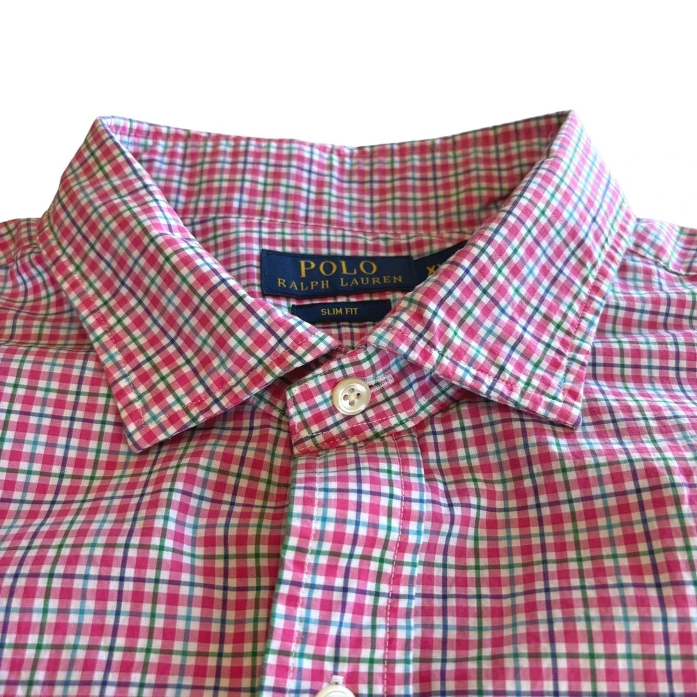 Polo Ralph Lauren Mens XXL Slim Fit Plaid Button Down Shirt‎ Pink Green Blue